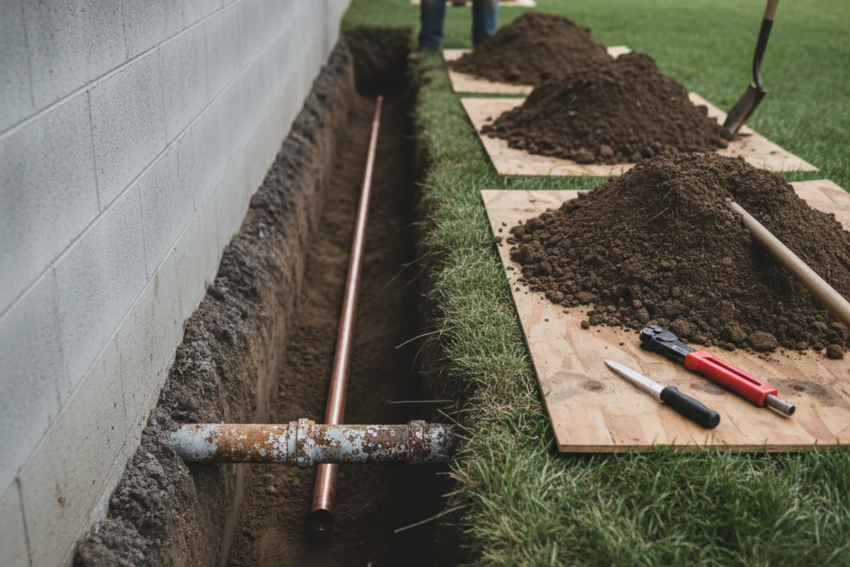 Excavated water line trench during Water Heater Repair in Towson